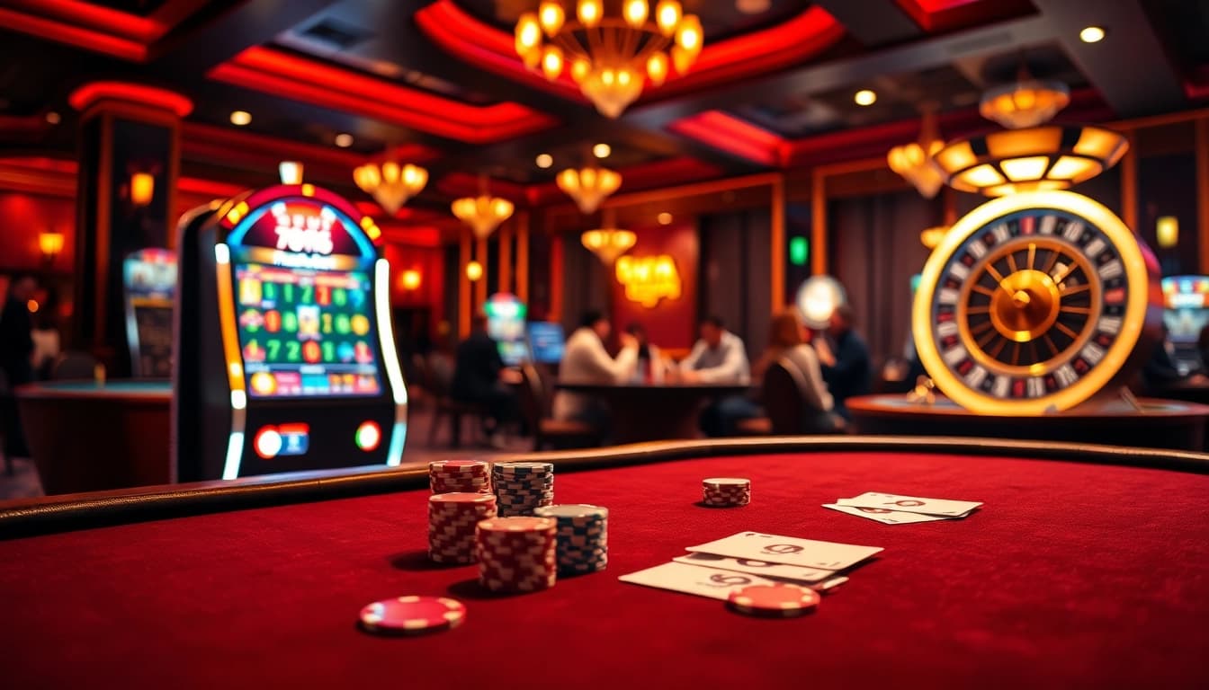 Engaging scene at https://89bet.green/ showcasing poker, slots, and roulette excitement in a luxurious casino.