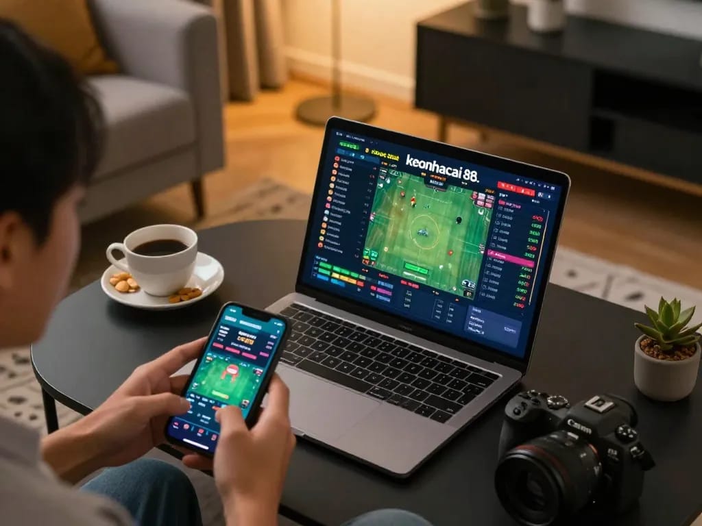 Engaging in strategic keonhacai 88 online betting session on a laptop with vibrant visuals