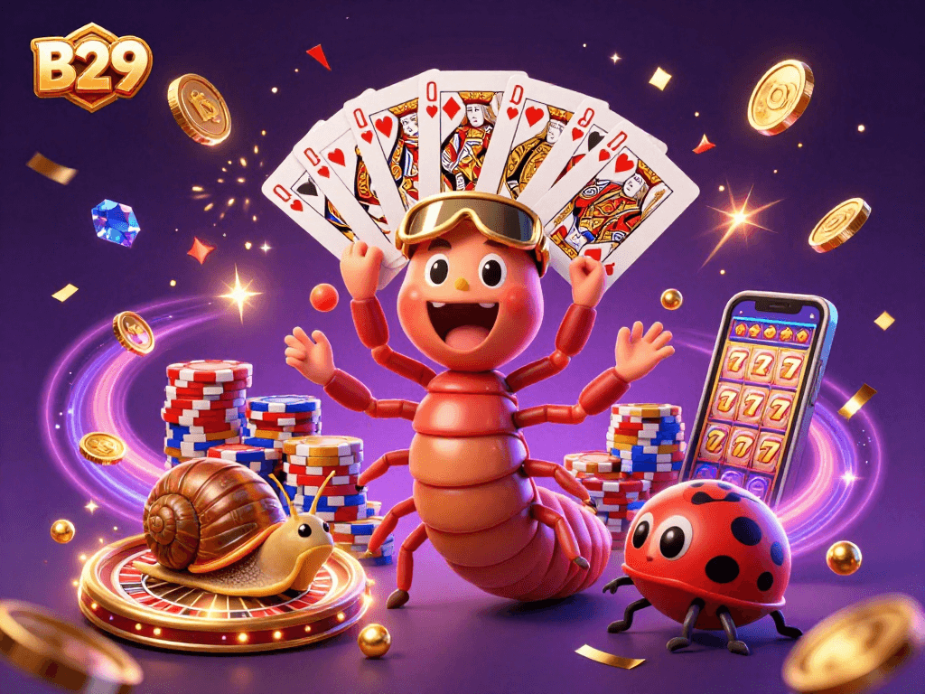 B29 brings excitement alive as a millipede dealer showcases cards while high-rolling snail pushes chips.
