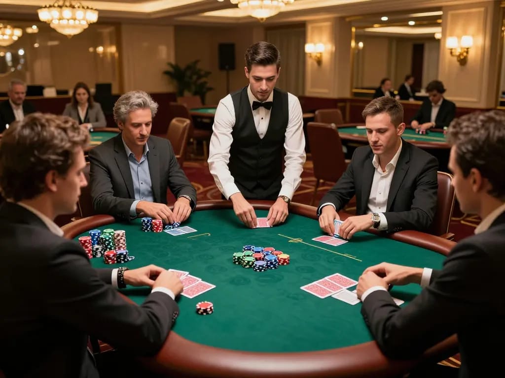 Players enjoying a poker game at nhà cái alo8 in an elegant atmosphere, chips and cards on display