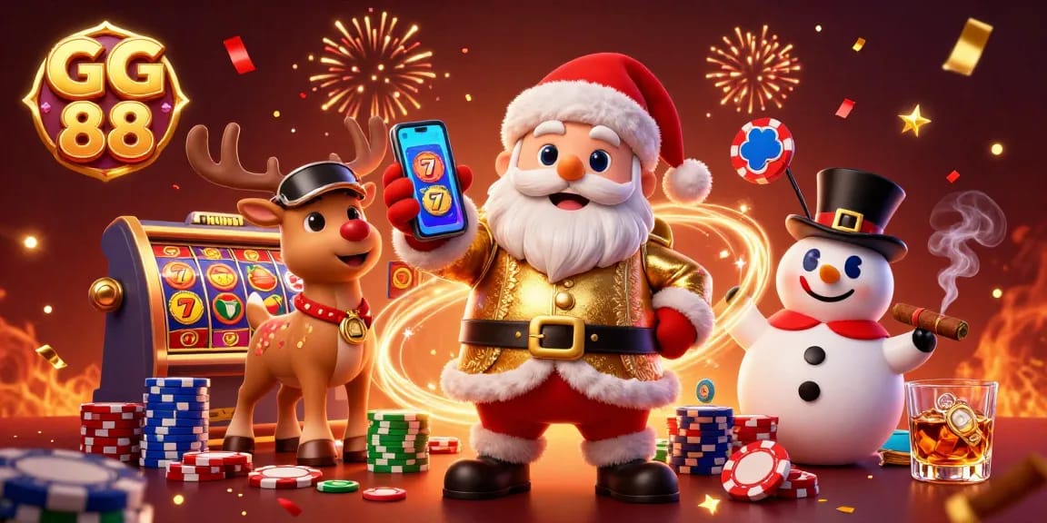Play thrilling slots at GG 88 while enjoying a festive casino atmosphere with Santa and friends.