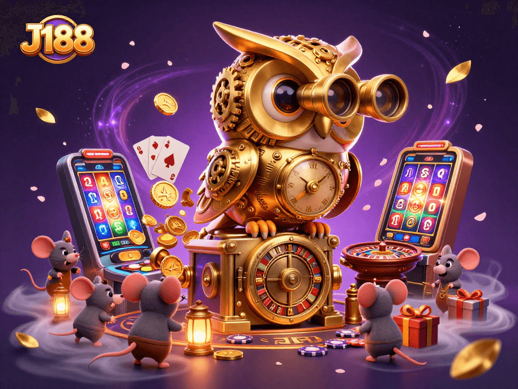 Experience the thrill of J188's casino with a vibrant owl and dynamic game elements!