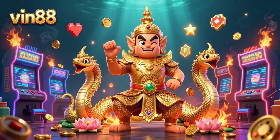 Experience the vibrant world of vin88 with colorful arcade elements and a friendly guardian in this energetic casino scene.