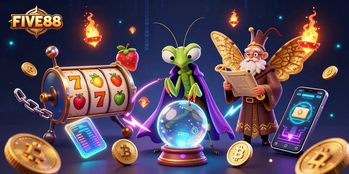 Spin the reels at FIVE88 with a mystical fortune teller and rich slot game visuals.