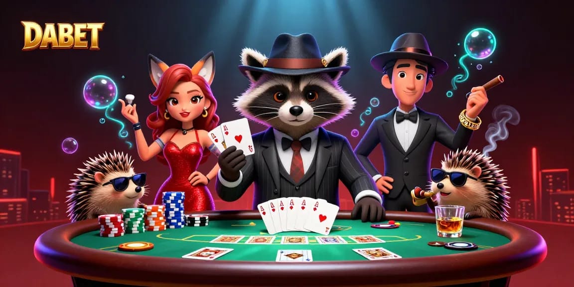 DABET's lively poker scene with a raccoon and fox character amidst vibrant gaming elements.