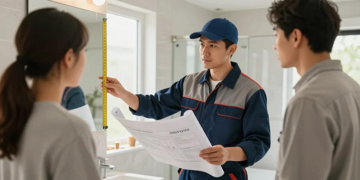 Professionele aannemer bespreekt badkamer renovatie kosten met klant, betrouwbare lokale service, kwaliteit en expertise.