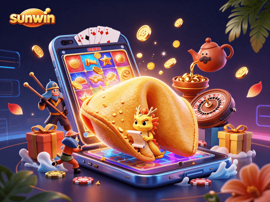 Experience sunwin's vibrant casino world with a golden fortune cookie and dynamic gaming elements.