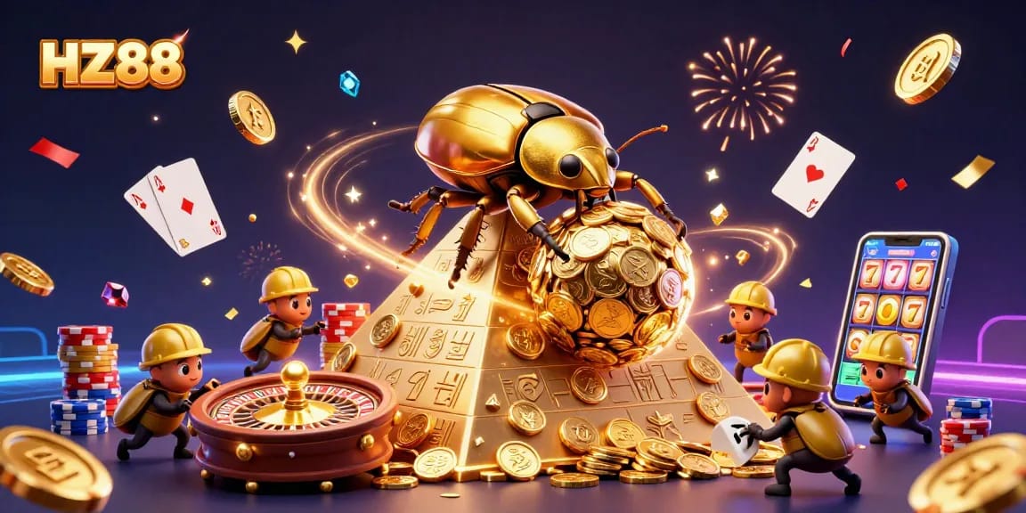 Experience HZ88's vibrant online gaming adventure with golden coins and casino symbols.