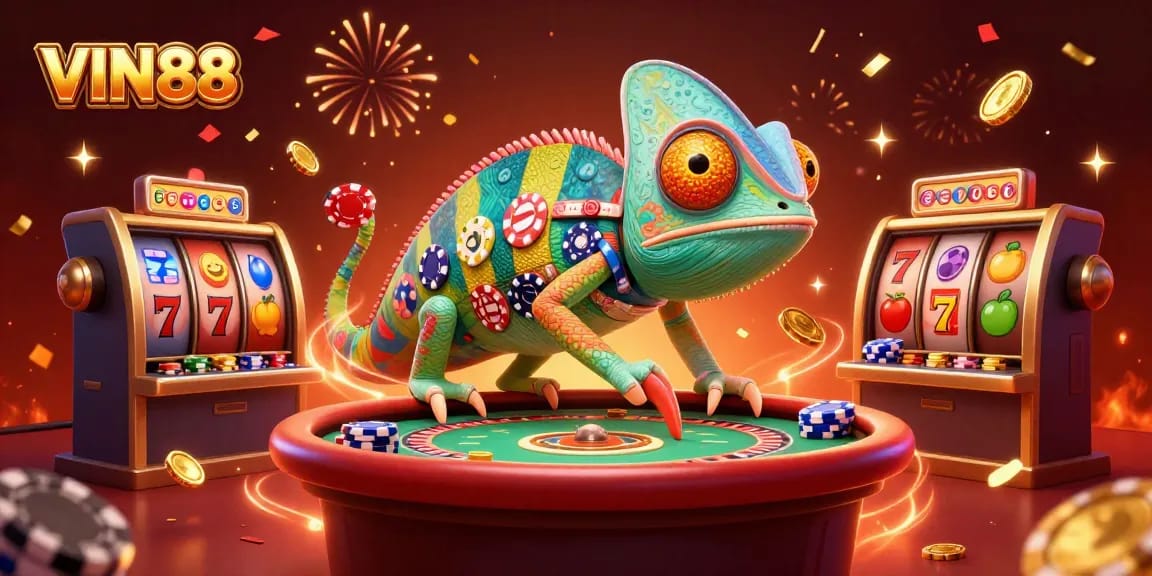 Win big at VIN88 with a vibrant casino scene filled with colorful slots and a playful chameleon host!