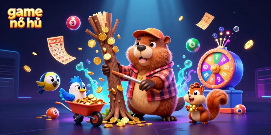Play game nổ hũ with golden coins raining from the trees in a vibrant 3D illustration.
