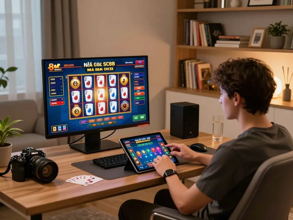 Engaged player using Nhà cái SC88 online gaming app on tablet with poker interface visible in a cozy home office.