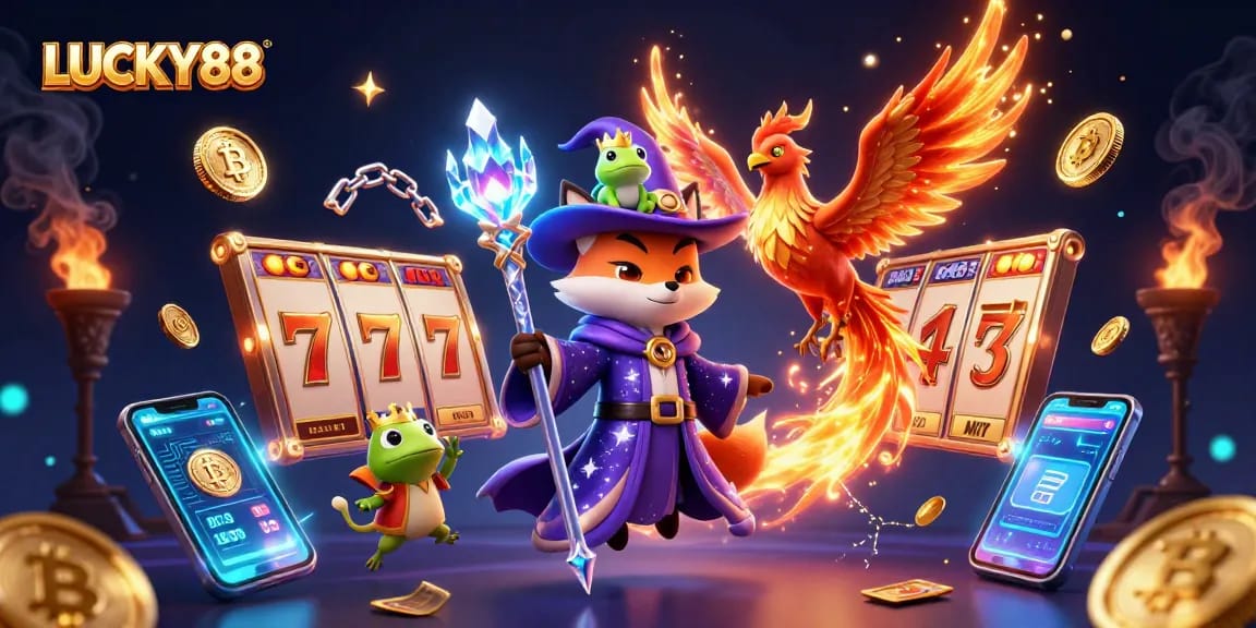 Experience thrilling gameplay with LUCKY88, featuring mystical characters and vibrant slot machines.
