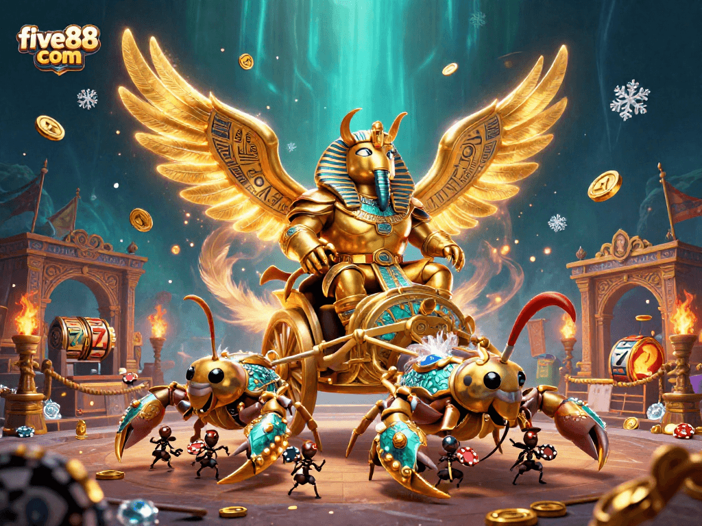 Experience thrilling gameplay at five88 com with the colossal golden beetle and scorpion chariot in this dynamic casino scene.