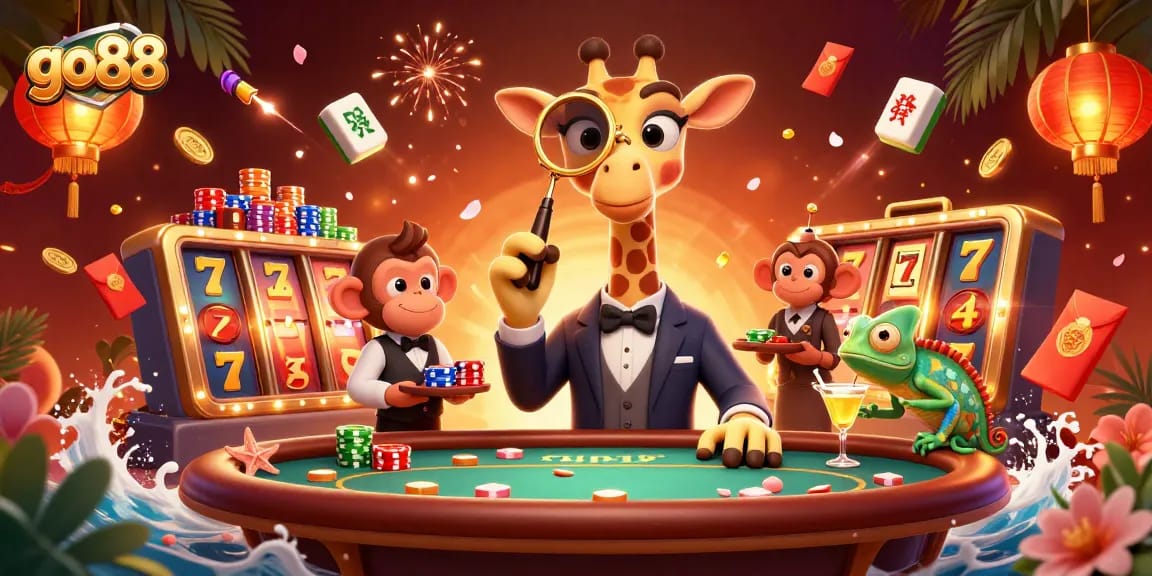 Experience thrilling play at go88 with giraffe and friends at an exciting casino scene.