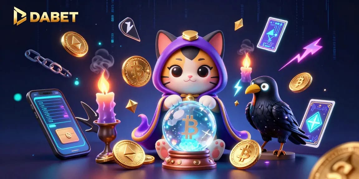 DABET captivates players with a mystical scene featuring glowing crypto coins and cards.
