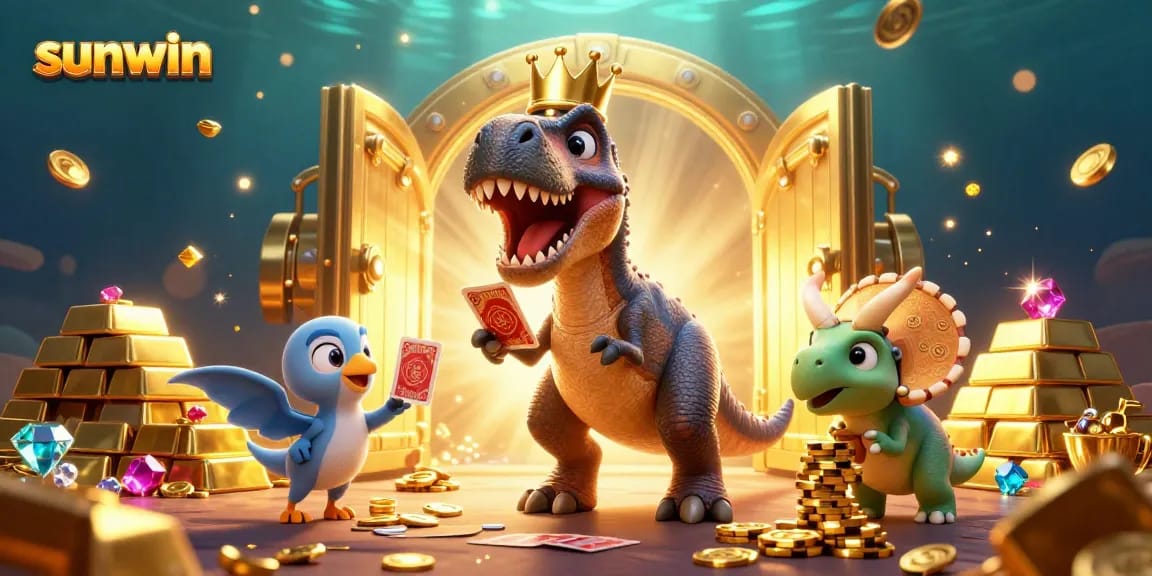 Engage in thrilling gameplay at sunwin with a T-Rex shuffling cards in a vibrant casino scene.