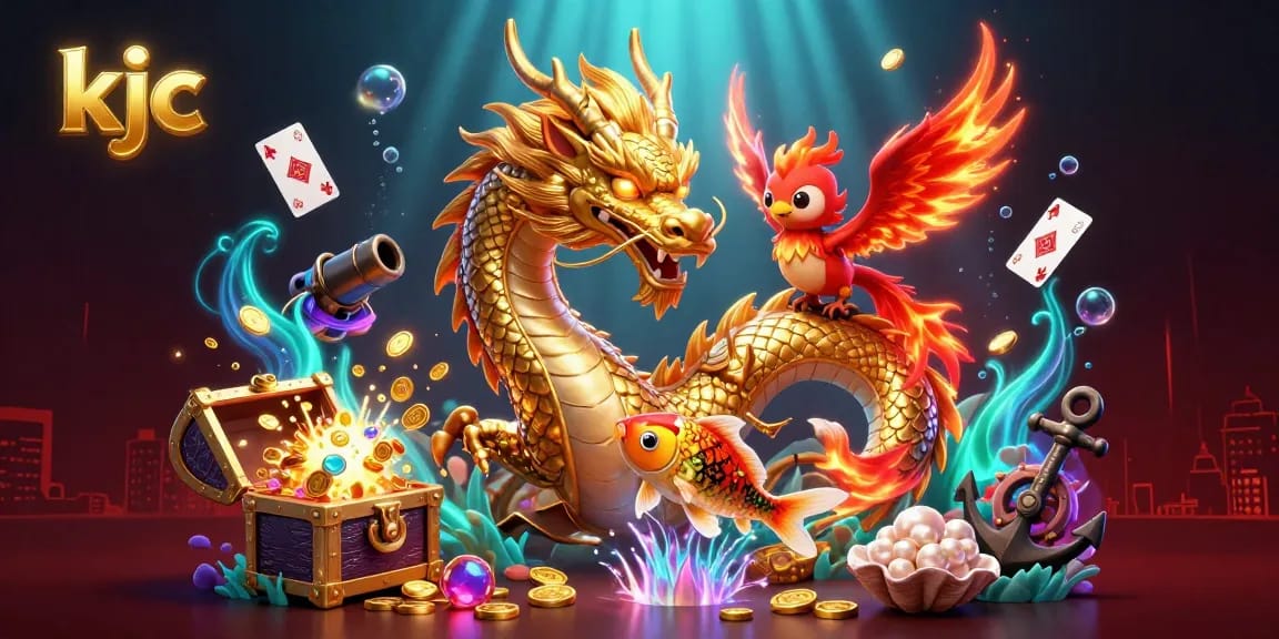 KJC's fierce dragon, phoenix, and koi fish celebrate winning in a vibrant online casino scene.