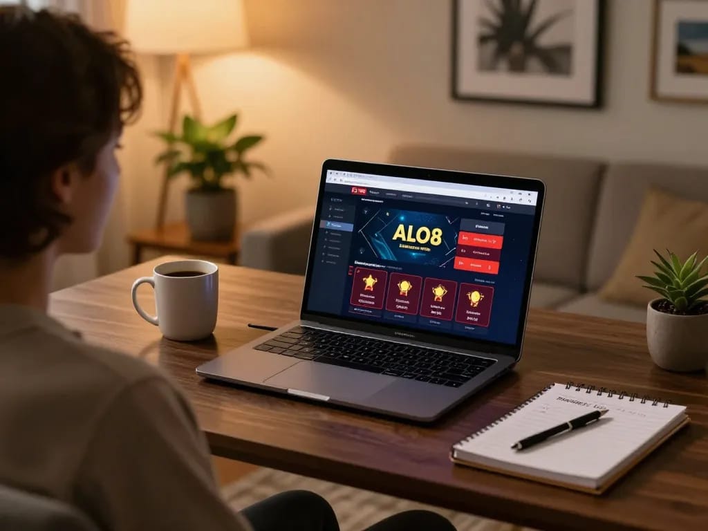 Engaged player strategizing on ALO8 online casino platform from a stylish home office setup.