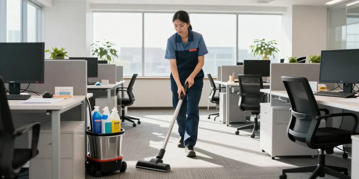 Schoonmaakbedrijf Den Haag professional cleaning a corporate office with sunlight streaming in.