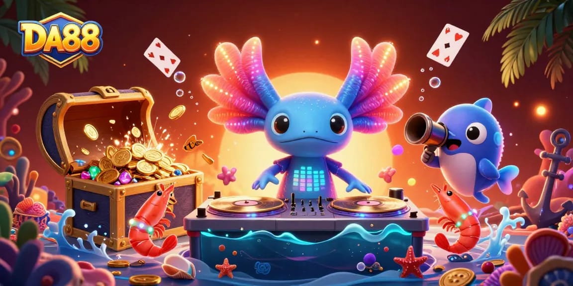 Engage with DA88's vibrant underwater casino scene featuring a DJ axolotl and lively sea creatures.