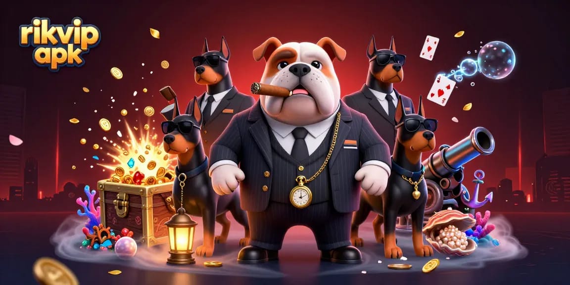 Experience the thrilling world of rikvip apk with an energetic 3D casino scene featuring a mafia bulldog.