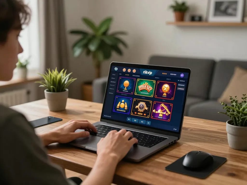 Engaging in online gaming at rikvip via laptop, showcasing enjoyable casino experiences.