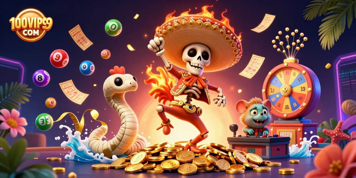 Engage with 100VIPS9 COM's vibrant victory scene of a skeleton mariachi, mummy snake, and zombie DJ amidst colorful gambling elements.