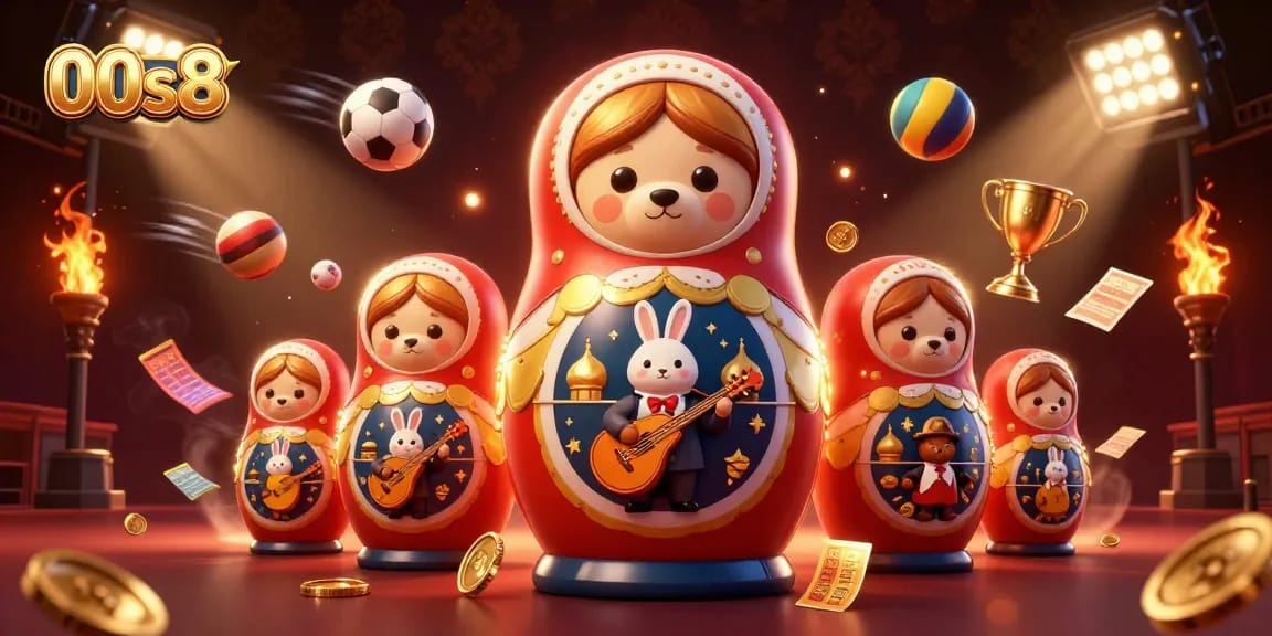 Experience thrilling casino action with 00s8's dynamic scene of Matryoshka bears and sports elements.