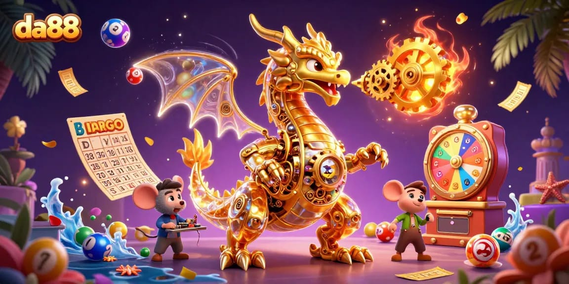 Experience thrilling da88 gaming action with a dynamic scene of a golden dragon and vibrant lottery elements.