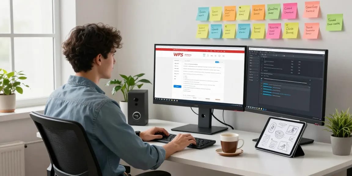 Software engineer reviewing WPS Official Website in modern office environment with multiple screens.