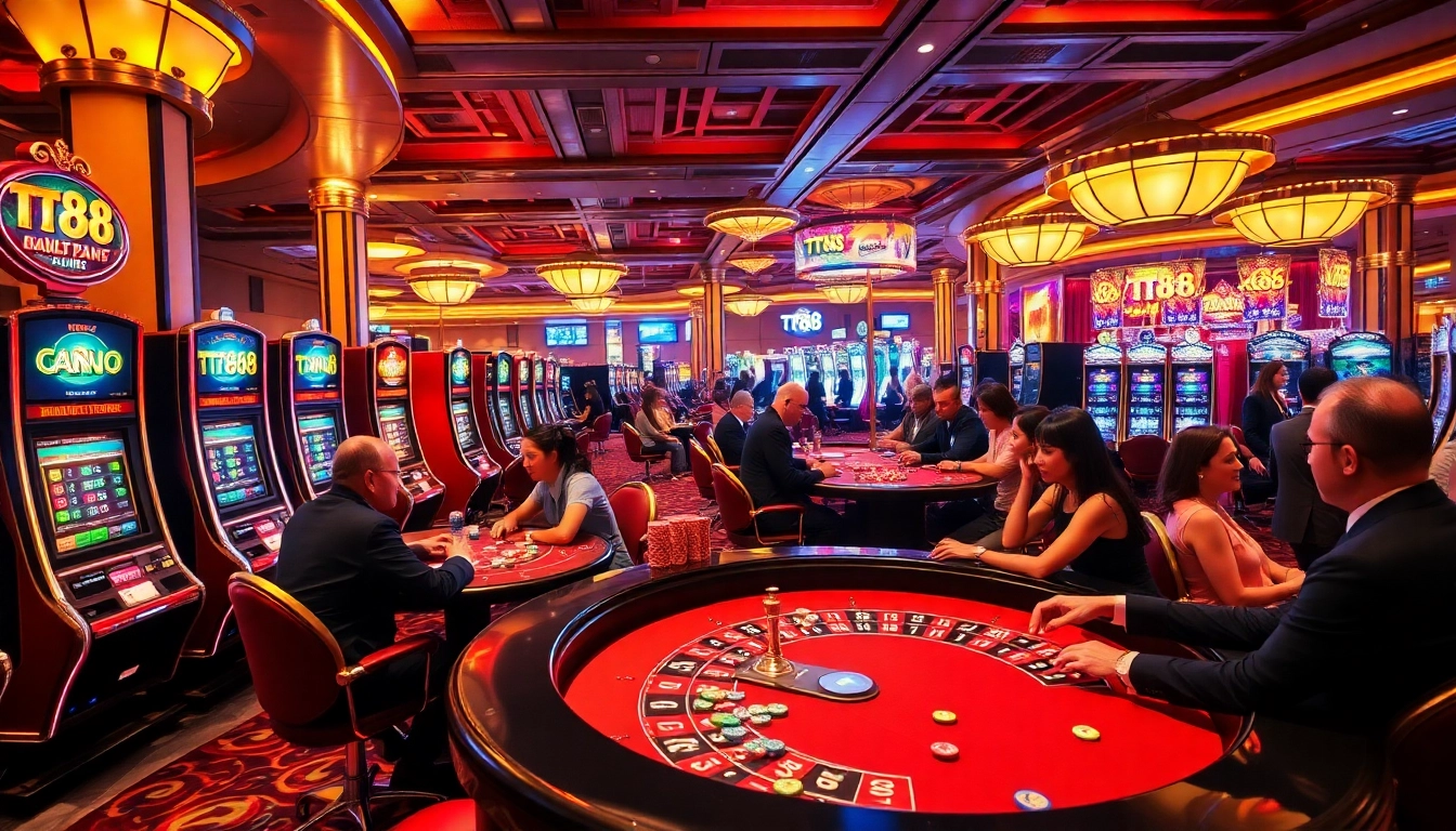 Experience the excitement of TT88's vibrant casino atmosphere with players enjoying various games.
