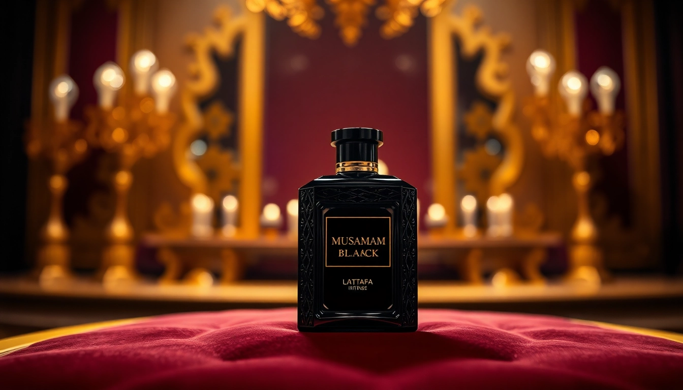 Proef de luxe van Musamam Black Intense by Lattafa met een elegante fles in een rijke setting.