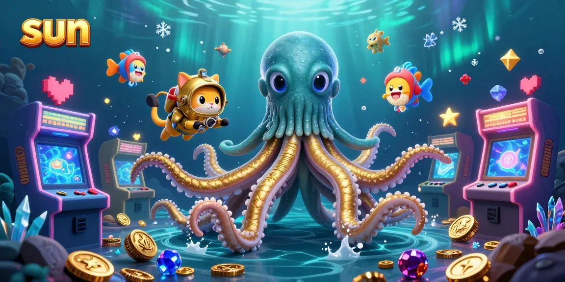 Spin the sun slot reels amidst a kraken and diving cat in an ocean treasure scene.