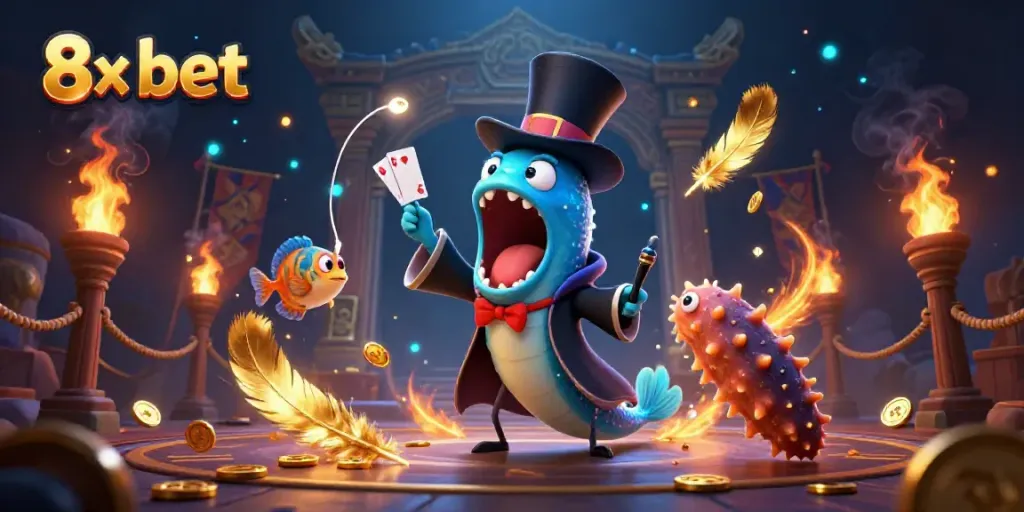 Engage with 8x bet through a vibrant underwater magical scene featuring unique sea creatures performing thrilling card tricks.