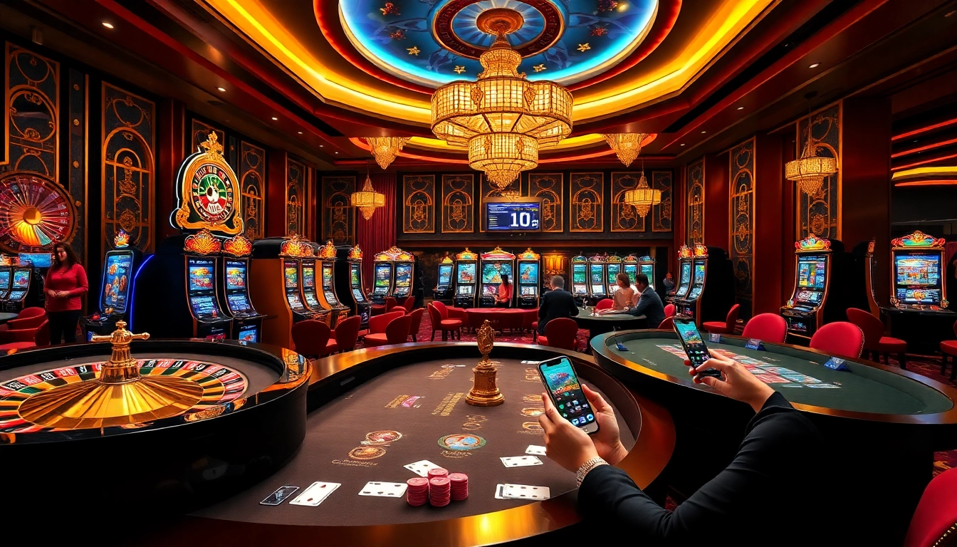 Players engaging with KM88 online gambling interface surrounded by vibrant casino elements.
