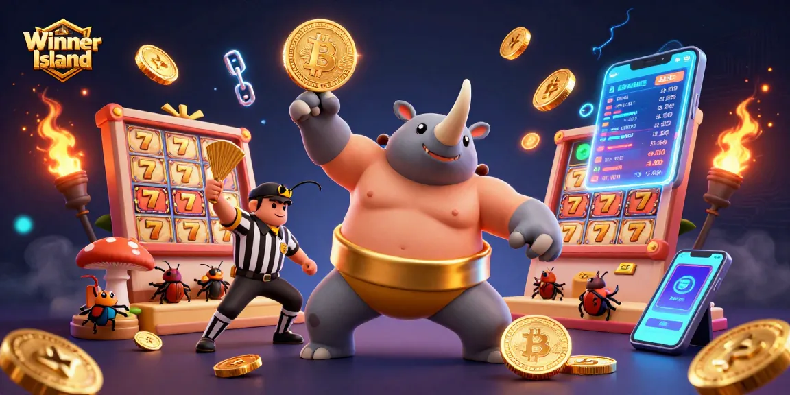Winner Island casino illustration showing a thrilling game scene with a beetle sumo champion and neon crypto coins.