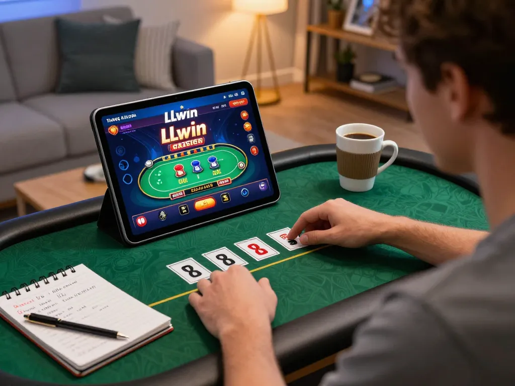 The player engaging with the trang chủ LLwin online casino, showcasing a dynamic gaming atmosphere with strategy notes.