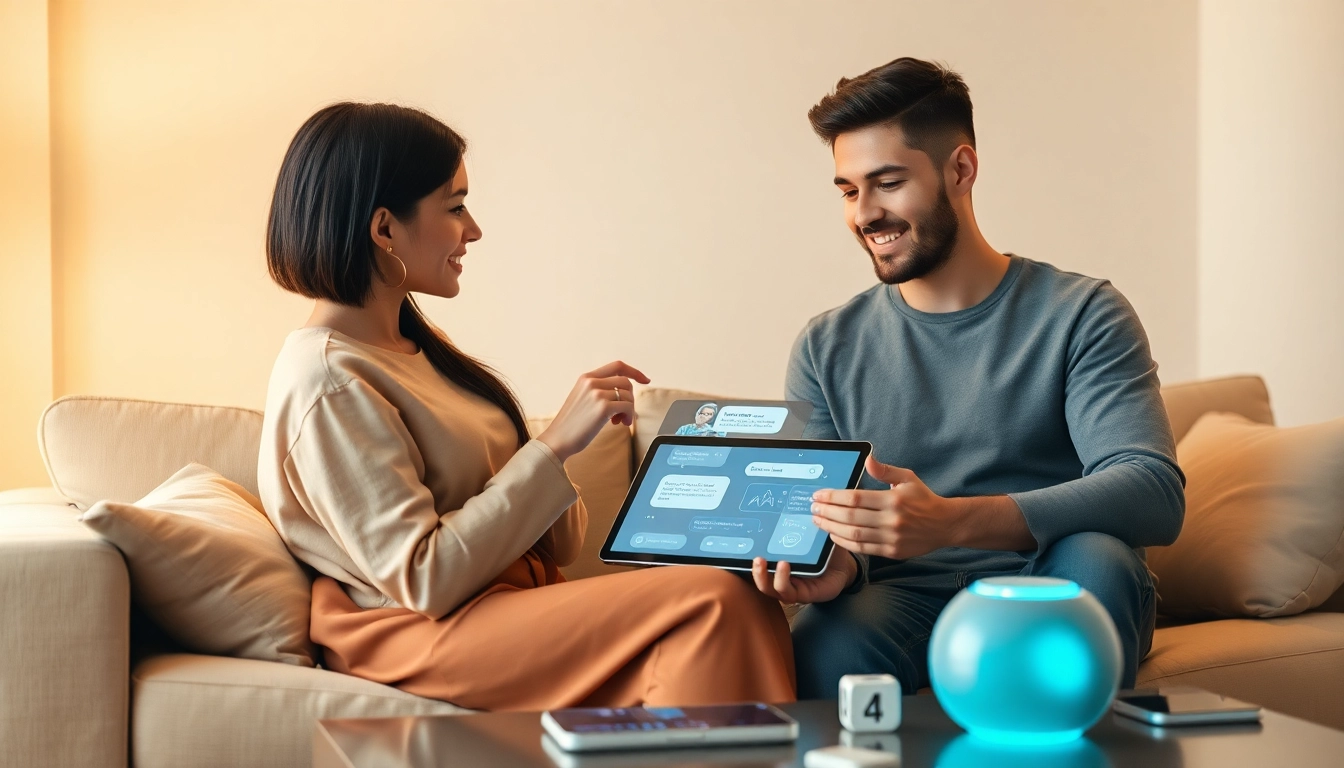 Sexting AI interaction in a cozy modern living room with a couple engaging with a chatbot on a tablet.