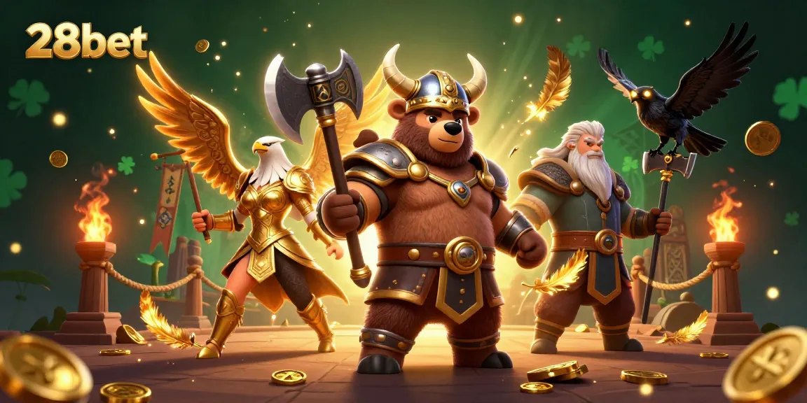 Experience thrilling action at 28bet with a Viking and Valkyrie in a dynamic gambling arena.