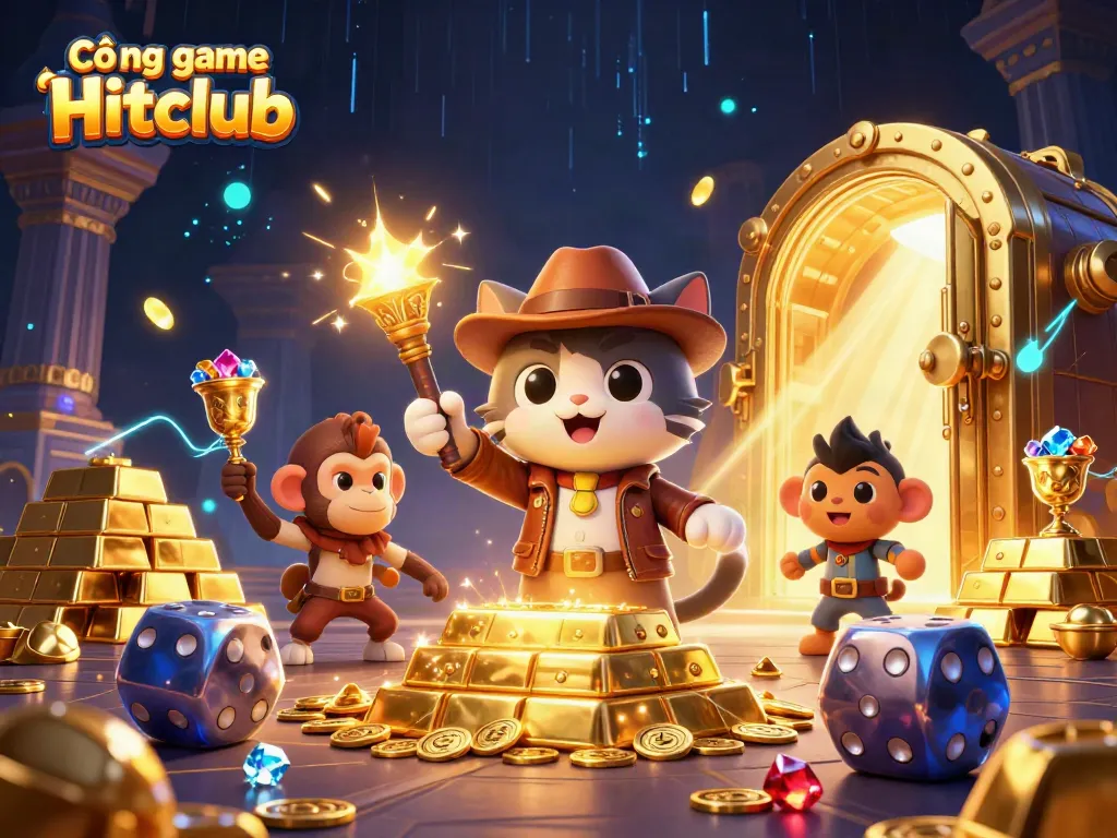 Cổng game Hitclub featuring a cartoon archaeologist cat and monkey amidst treasures in a casino-themed temple