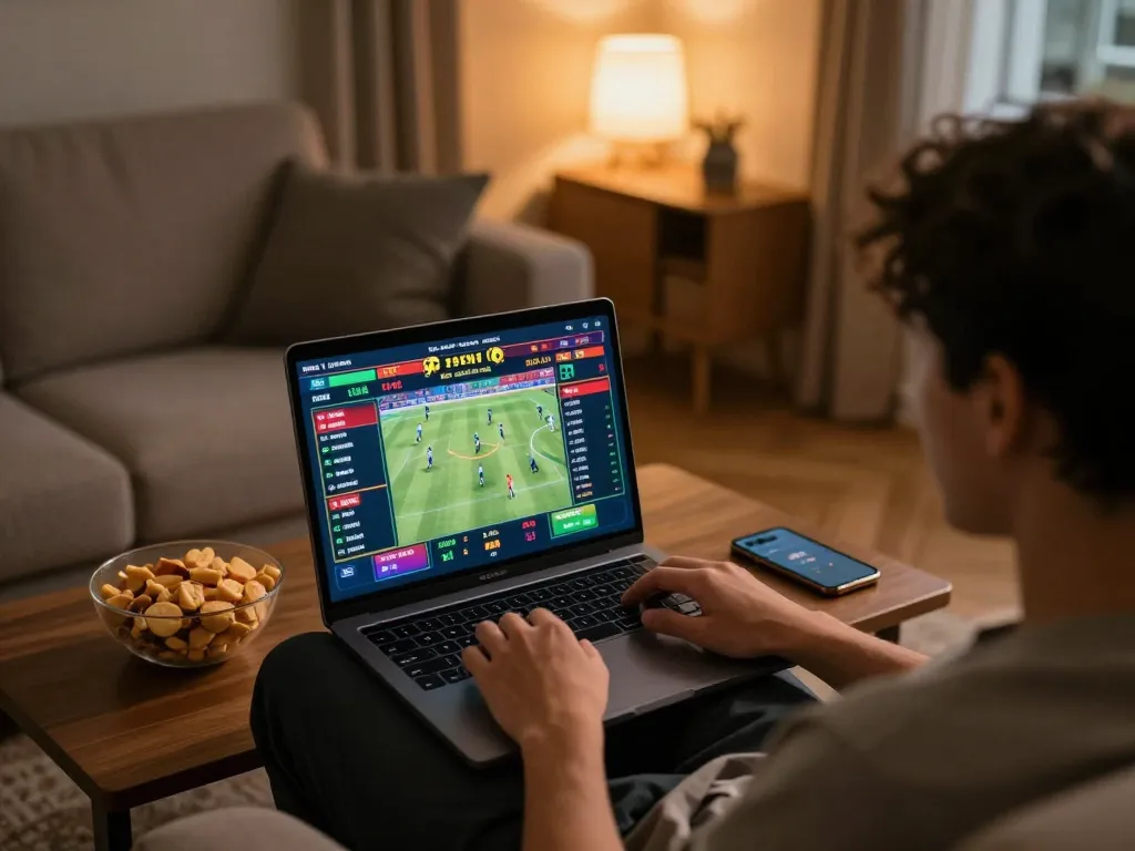 Engaged user placing bets on Five88 while watching a live sports event at home