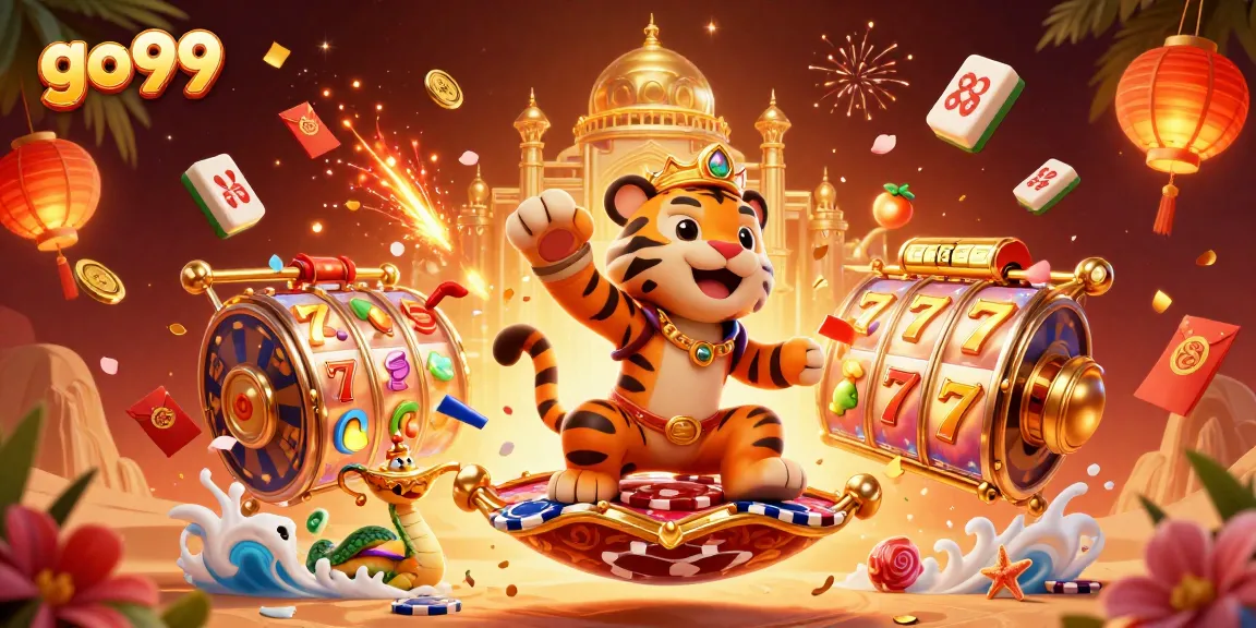 Engage in exciting gameplay at go99 with a vibrant casino-themed illustration featuring dynamic 3D characters and elements.