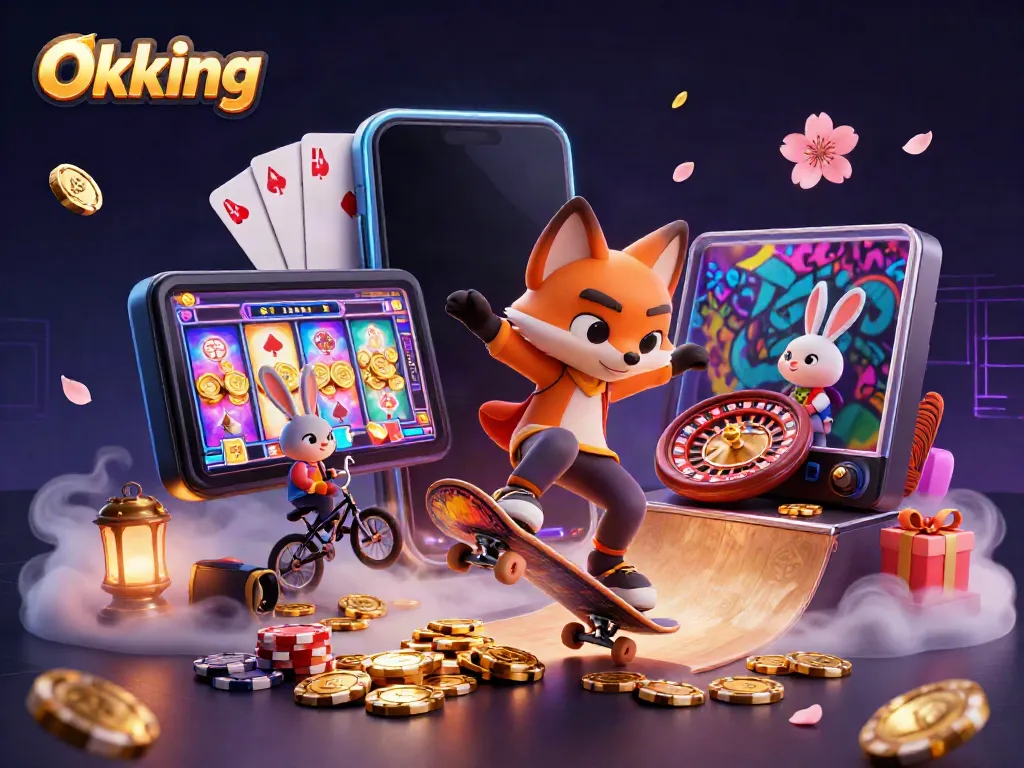Experience thrilling gaming action with Okking featuring a skateboarder fox and BMX rabbit amidst casino chaos.