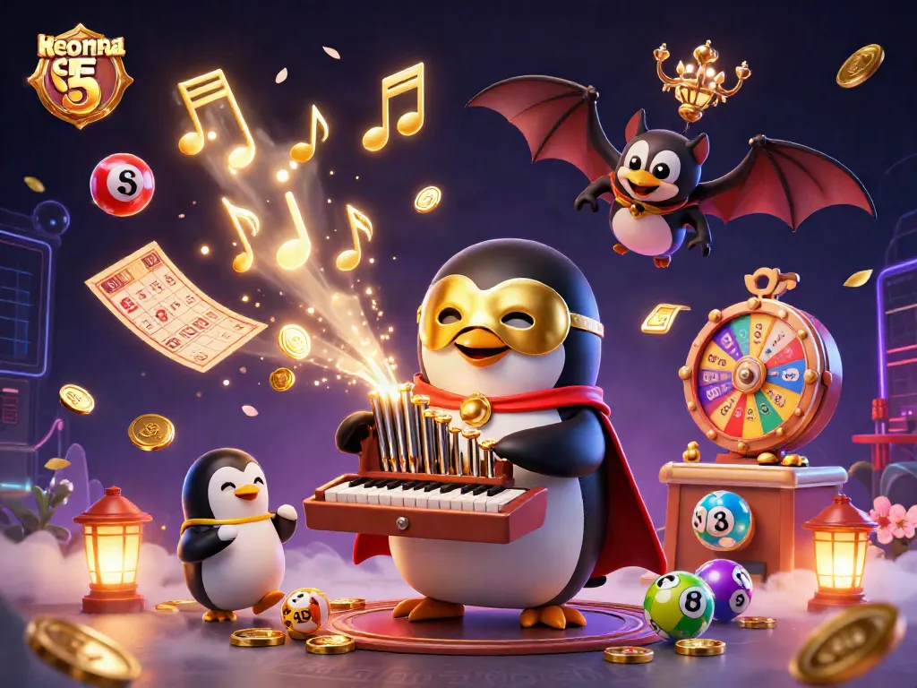 Engage in thrilling moments with keo nha cai 5 as the penguin plays for fortune amidst golden coins and vibrant game elements.