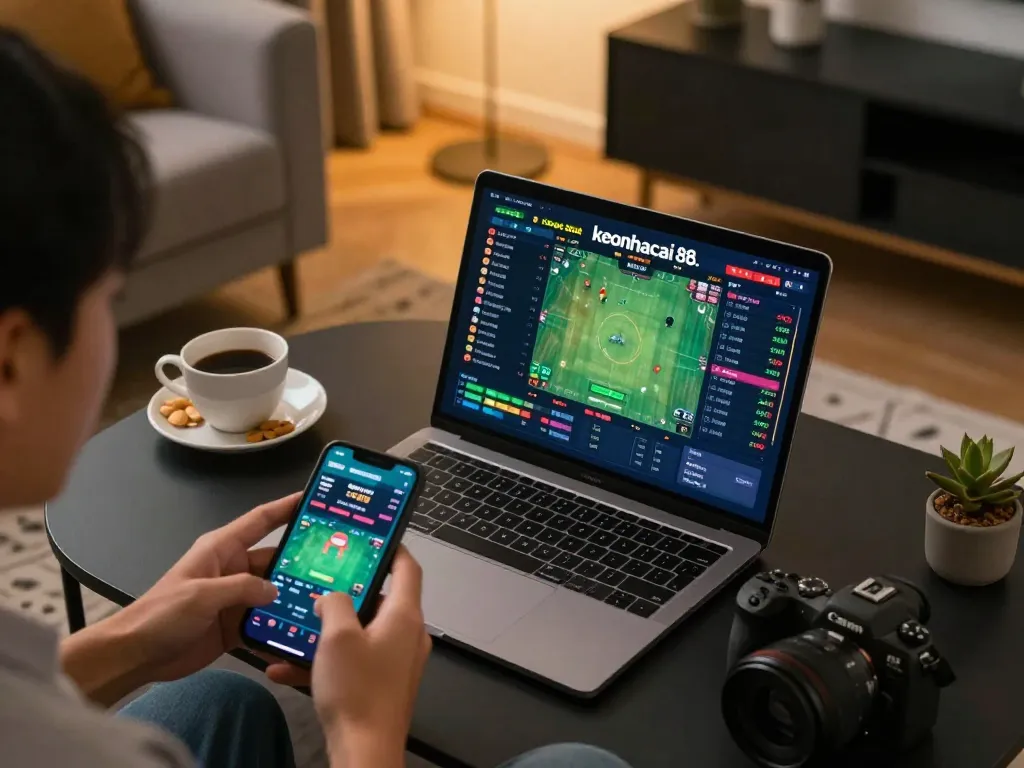 Engaging in strategic keonhacai 88 online betting session on a laptop with vibrant visuals