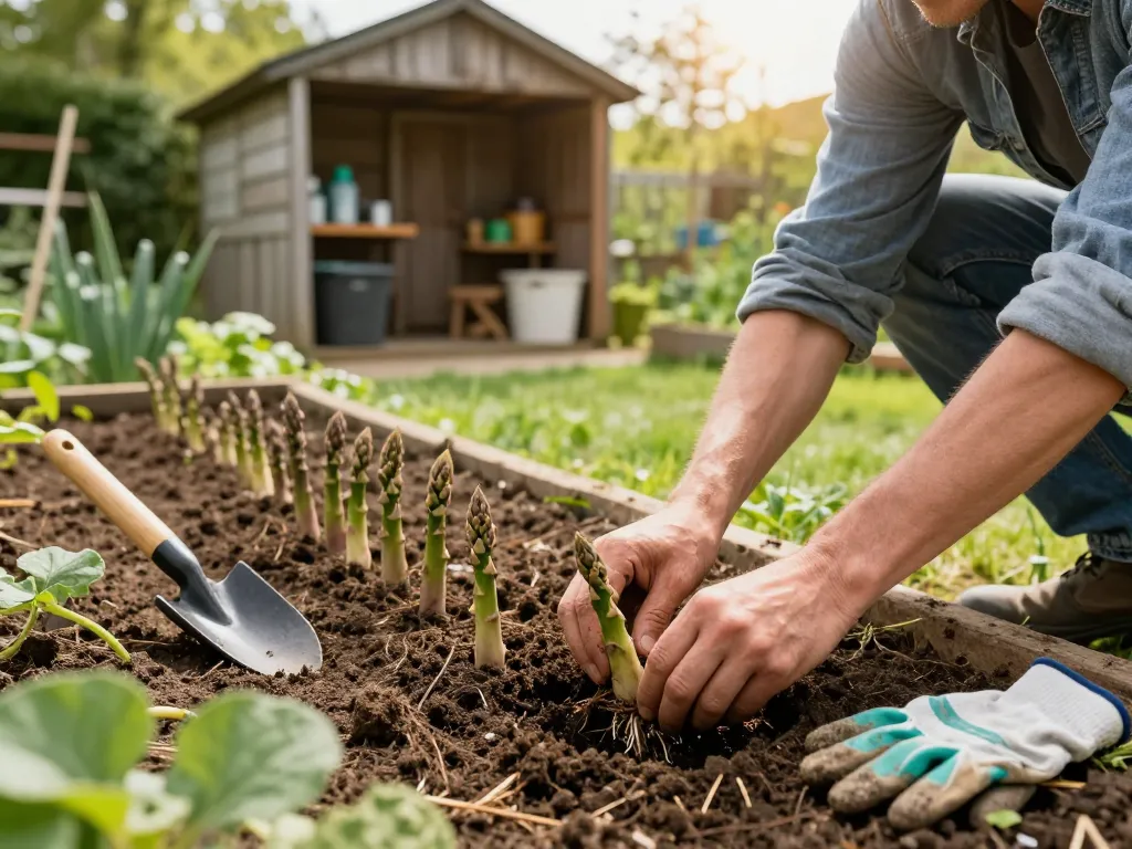 Gardener planting asparagus in a lush garden bed, showcasing asparagus moestuin cultivation.