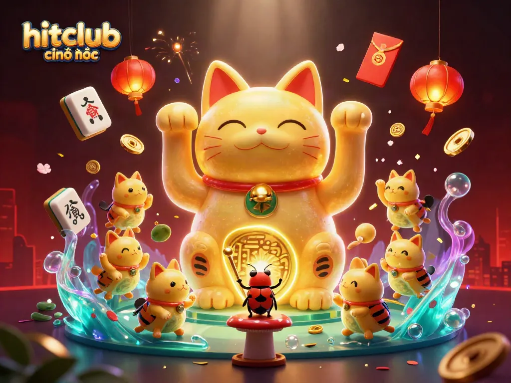 Experience hitclub chính thức as golden fireflies form a lucky cat in a dynamic casino-themed scene.