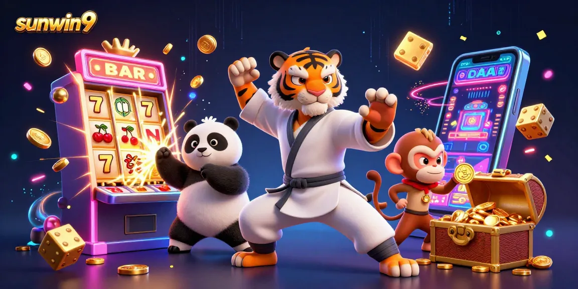Play thrilling games on sunwin9 with a kung fu tiger, panda, and monkey in casino environment.