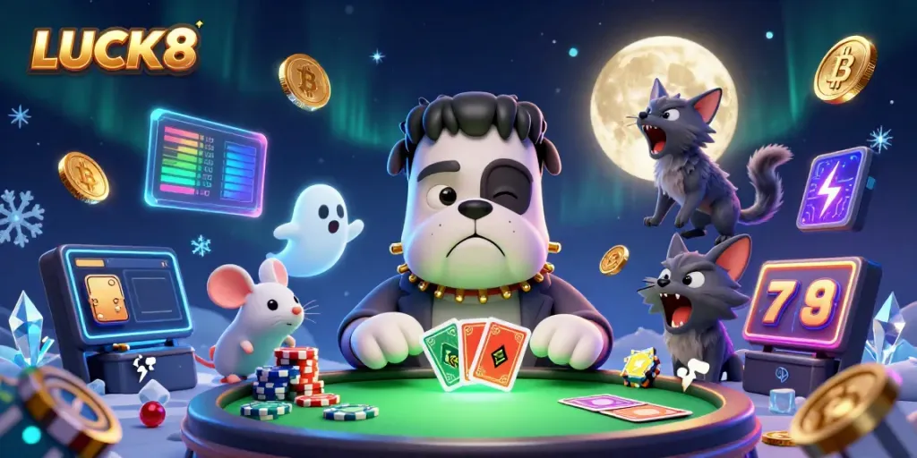 LUCK8 gaming scene with a cartoon bulldog dealing cards at a haunted casino table, showcasing vibrant slot elements.