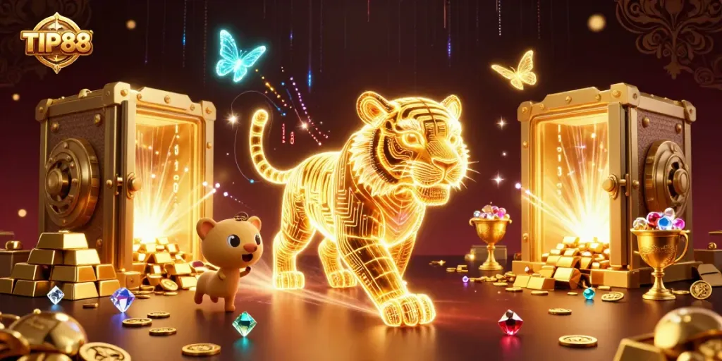 Experience exhilarating gaming at TIP88 with luminous characters and dazzling treasure in a digital casino.